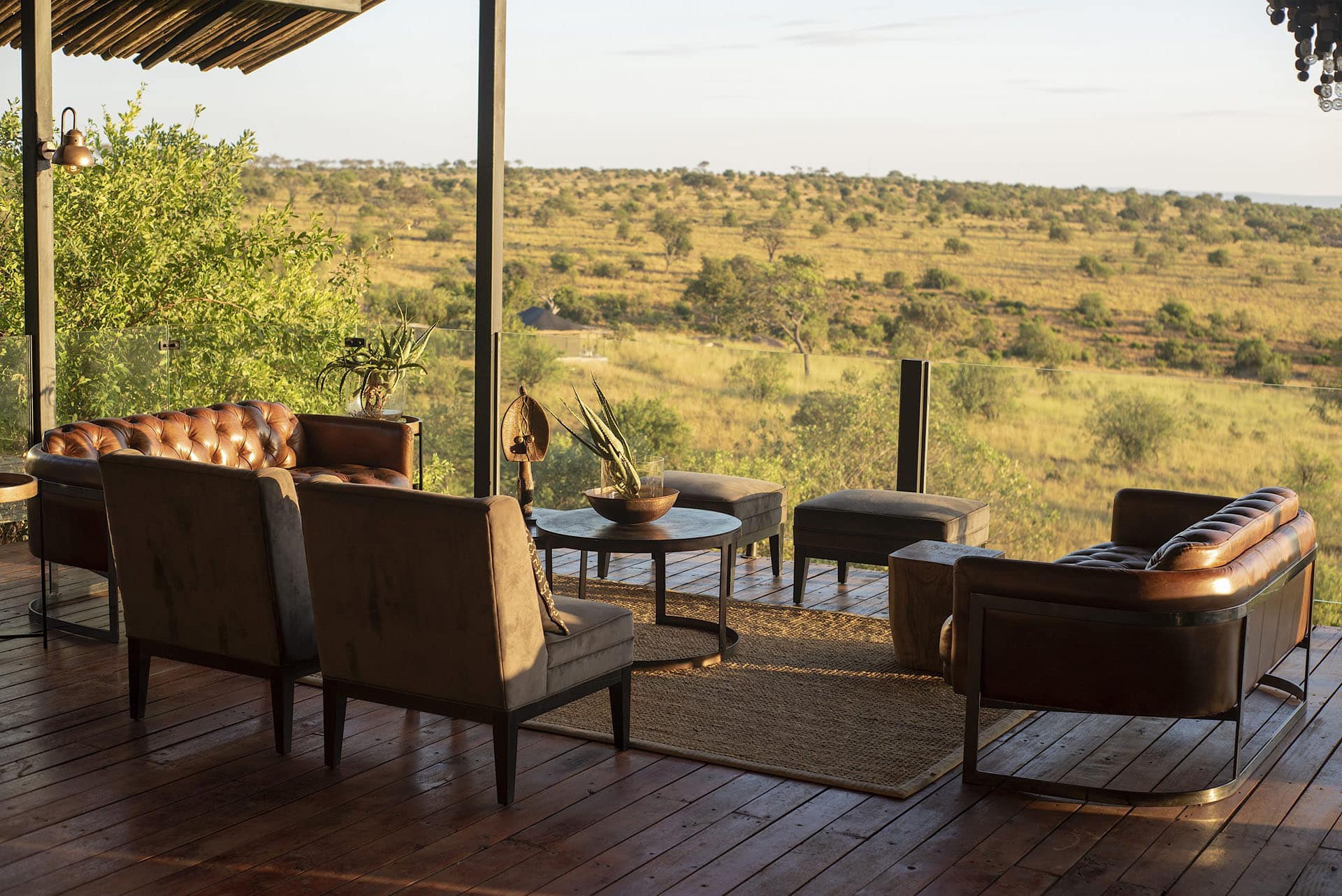 logde deck lounging area overlooking the plains