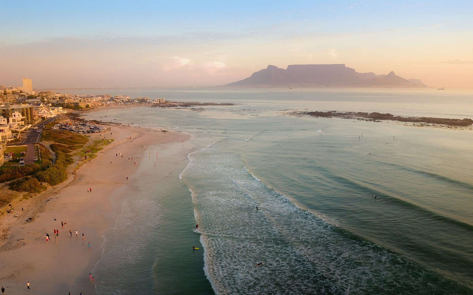 drone arial view of Blaauwberg beach with Table Mountain in the background